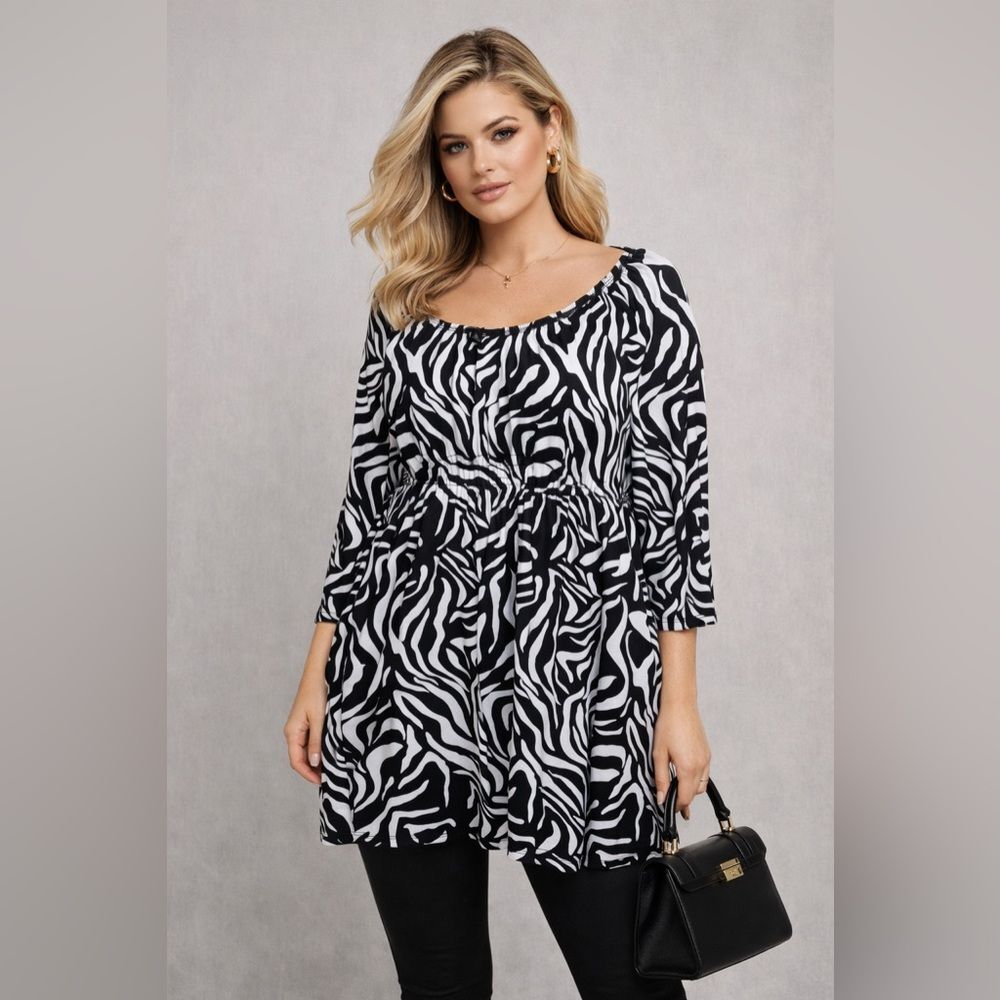 Slinky Brand Black and White Zebra Print Peasant Top